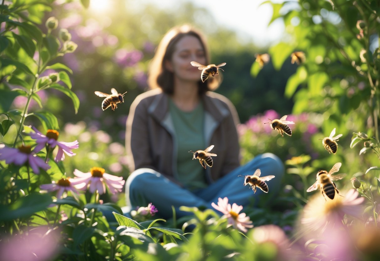 A person sitting calmly in a garden with bees flying nearby around flowers.