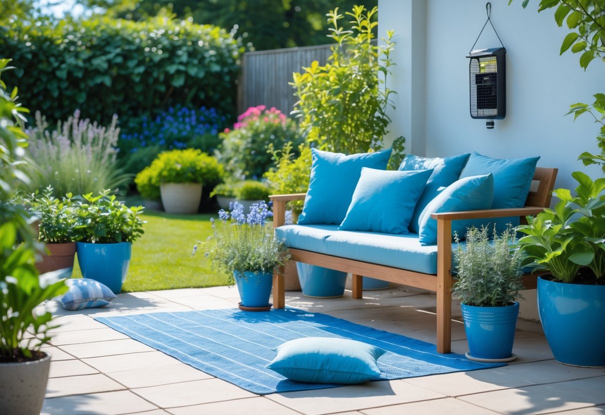 Outdoor patio with blue cushions, potted plants, and wasp deterrent elements creating a wasp-free space on a sunny day.