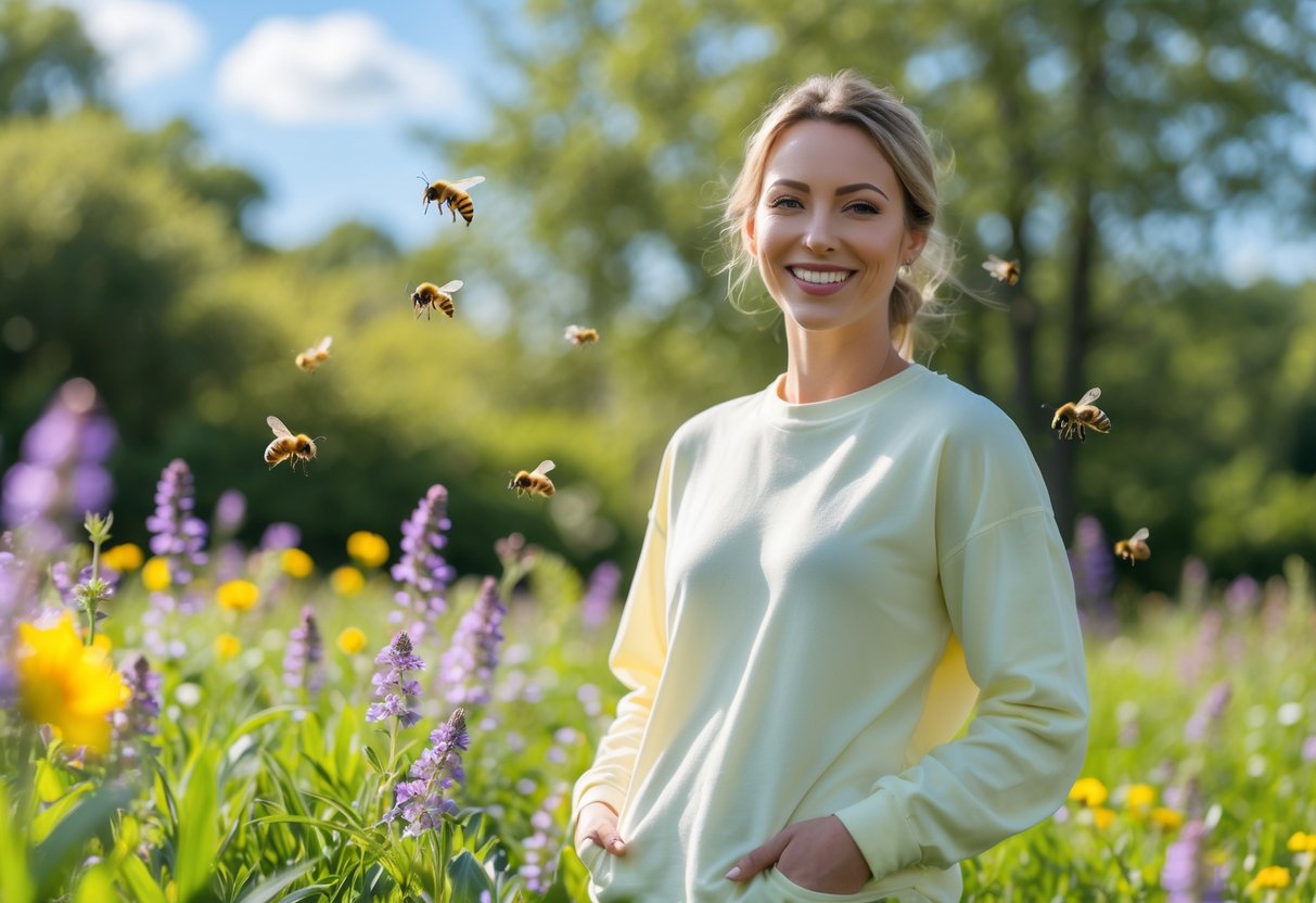 A person wearing light-colored clothes standing in a sunny garden with flowers and bees flying nearby.