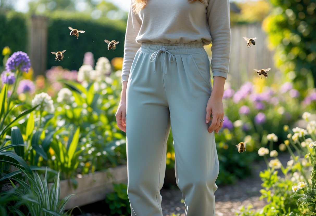 A person wearing muted-colored clothes standing in a garden with flowers and bees flying nearby but not approaching them.