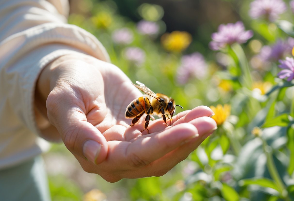 A person gently holding a honeybee on their finger in a sunny garden with flowers.