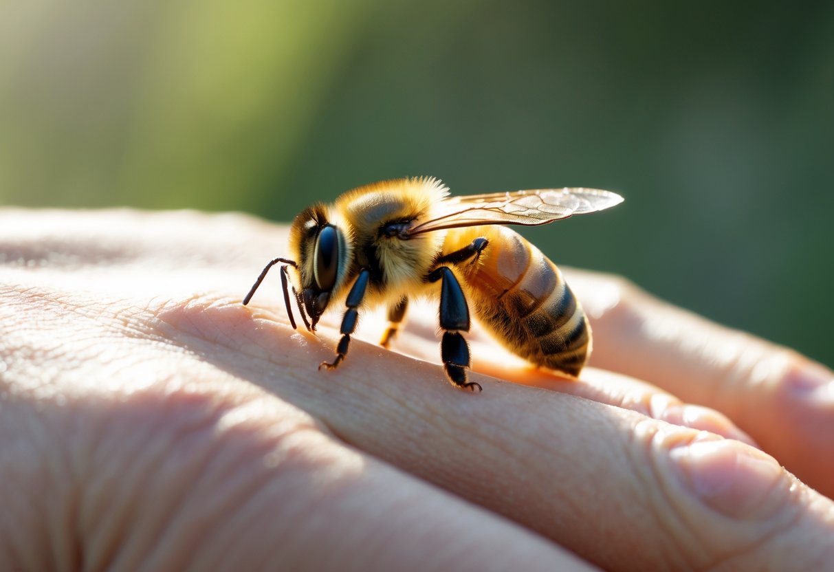 A honeybee resting on a person's open hand outdoors with green blurred background.