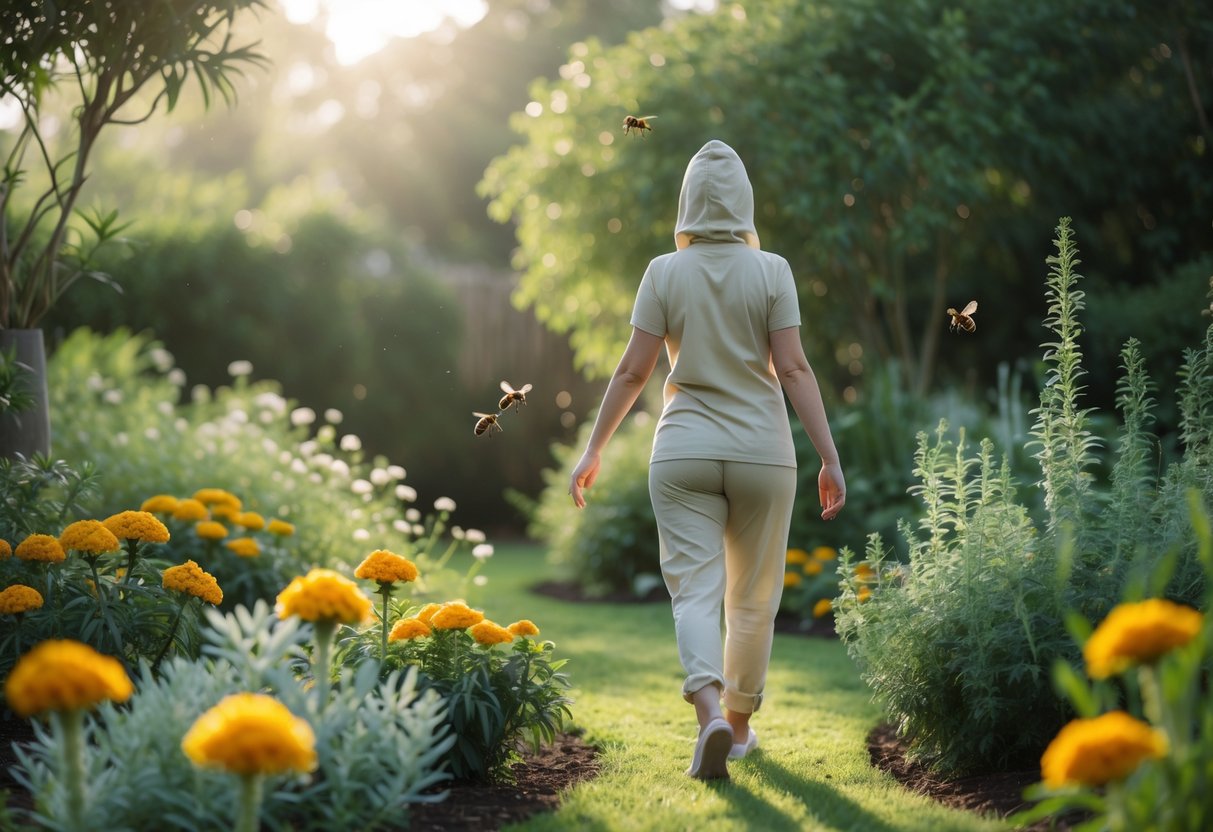A person calmly walking through a garden with flowers and a bee hovering nearby at a distance.