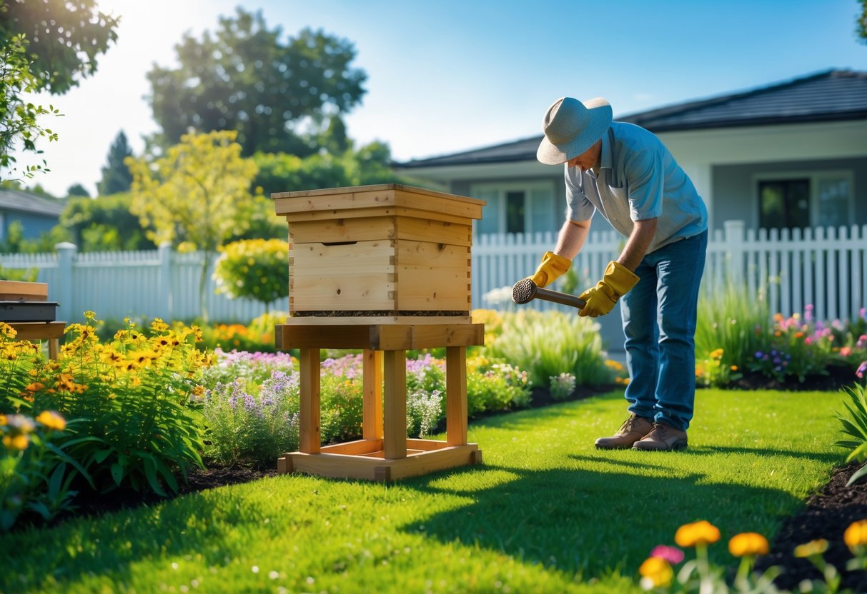A person inspecting a wooden beehive in a sunny suburban garden with flowers and a house in the background.