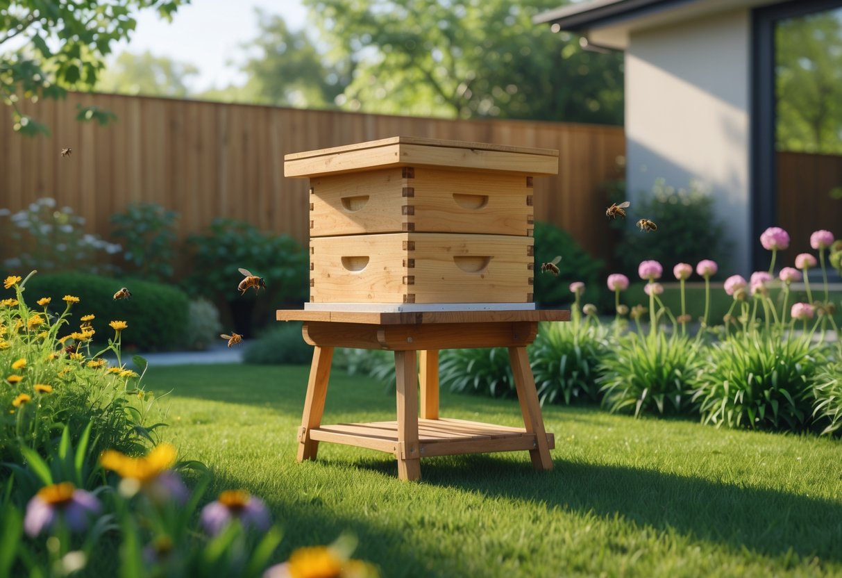 A wooden beehive in a sunny garden surrounded by flowers and grass with bees flying nearby.