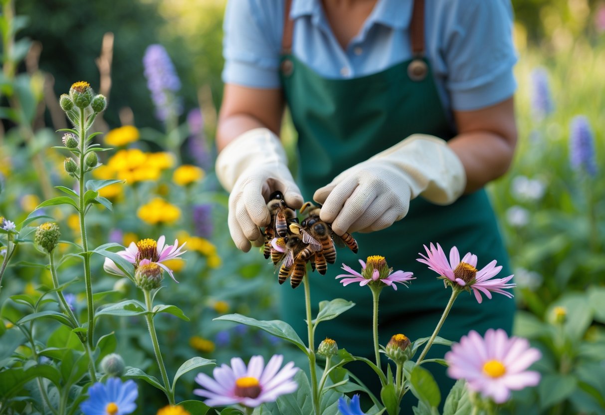 A person wearing gloves gently inspecting bees on flowers in a garden.