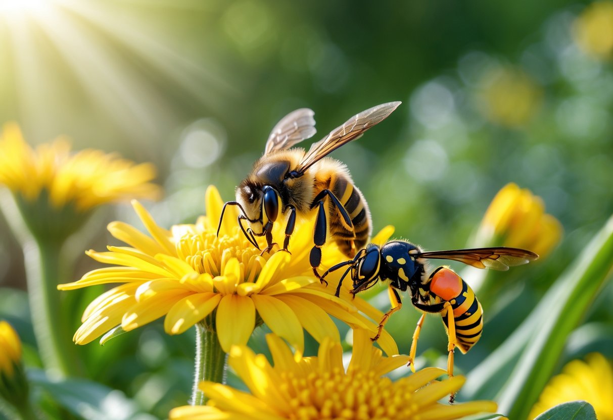 A close-up of a bee and a wasp on yellow flowers in a garden.