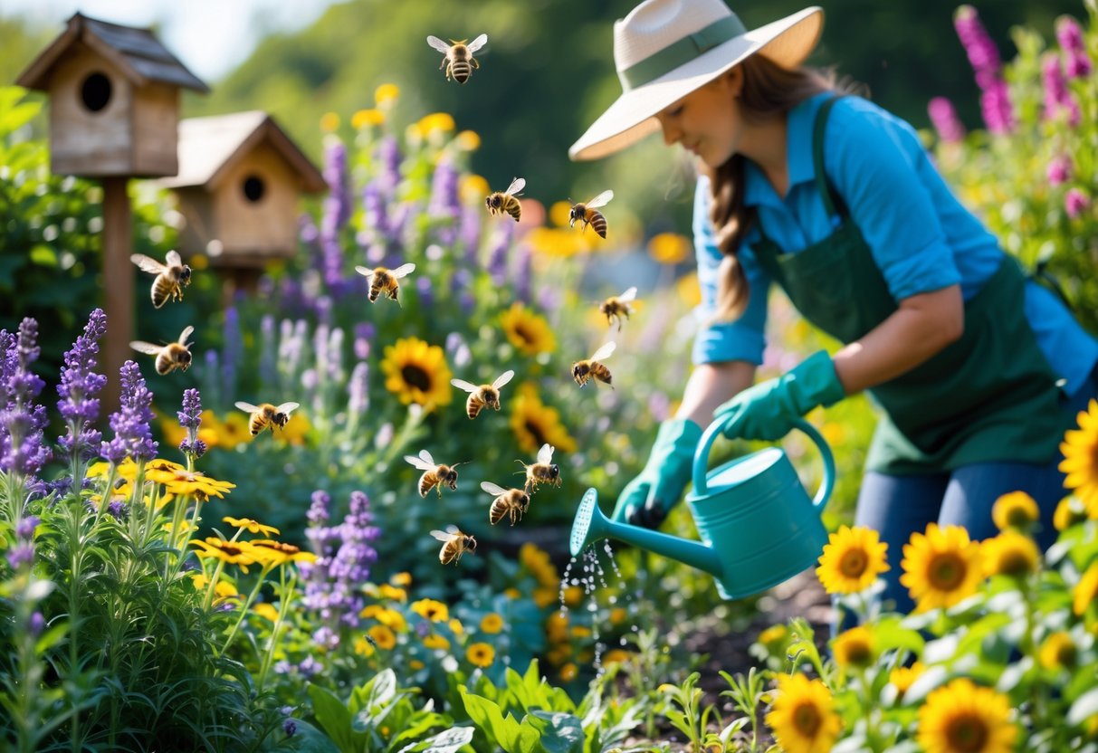 A gardener tending to a colorful flower garden with bees flying around the plants.