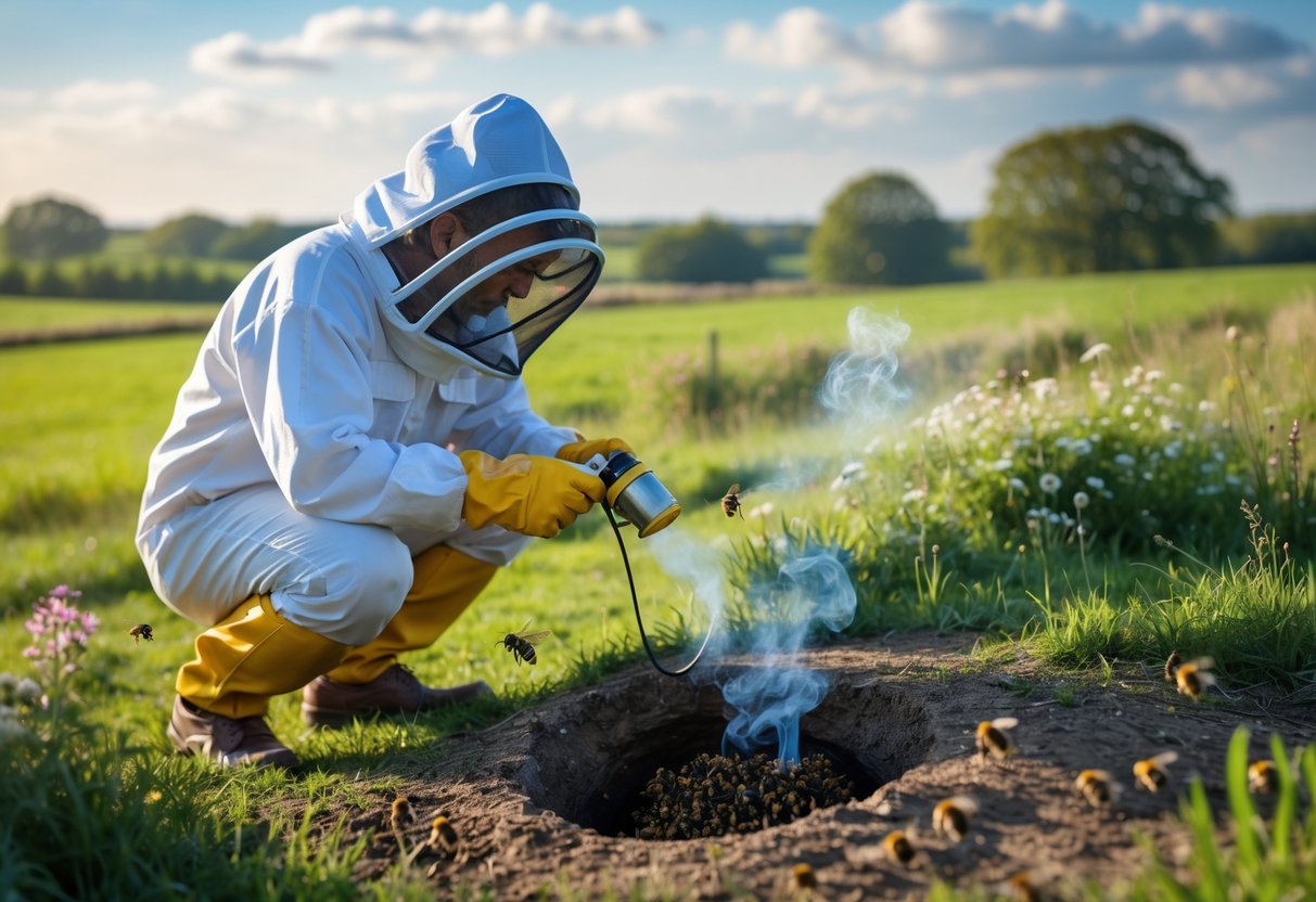 A person in protective gear inspecting a bees nest in the ground in a grassy outdoor area.