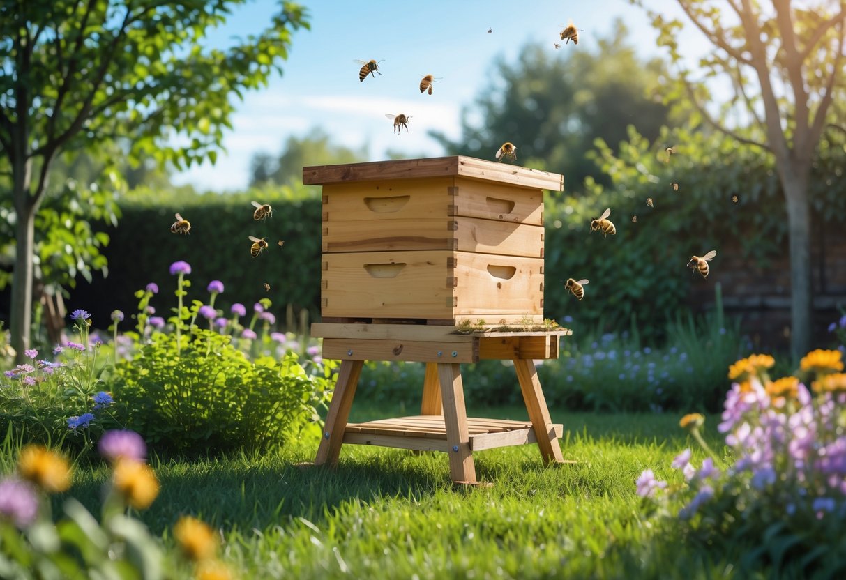 A wooden beehive in a garden surrounded by flowers and bees flying nearby.