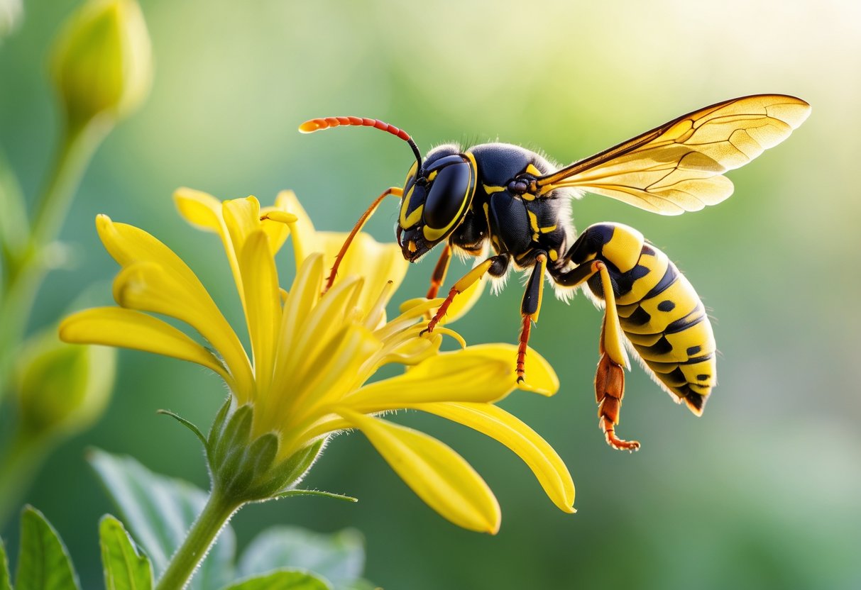 A wasp hovering near a yellow flower with a blurred green background.