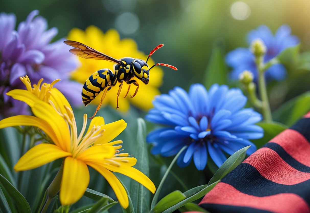 A wasp flying near brightly colored flowers and fabric, appearing to avoid the yellow and blue colors.