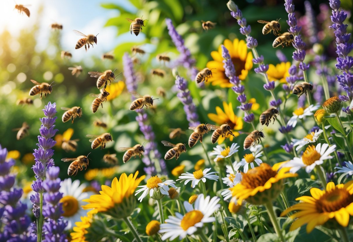A garden with many bees flying around colorful blooming flowers and green plants.