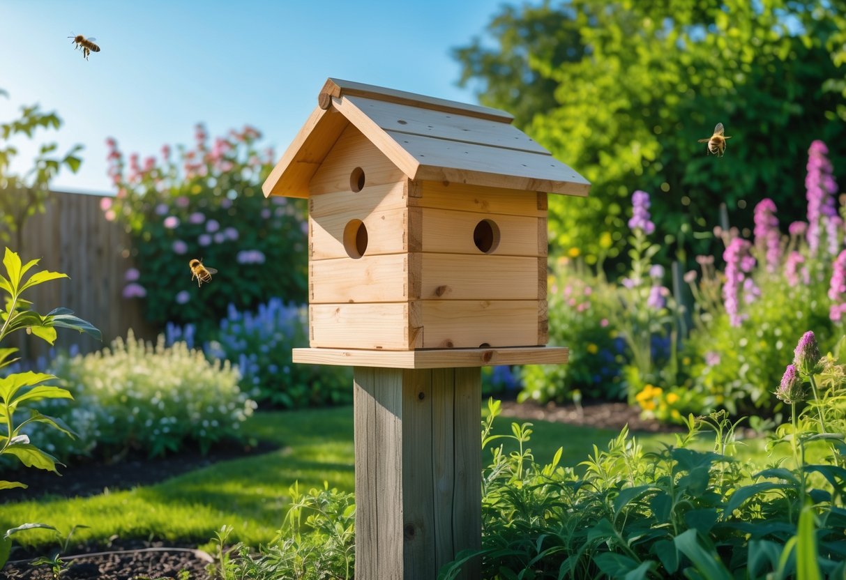 A wooden bee house mounted on a post in a garden with blooming flowers and green plants under a clear sky.