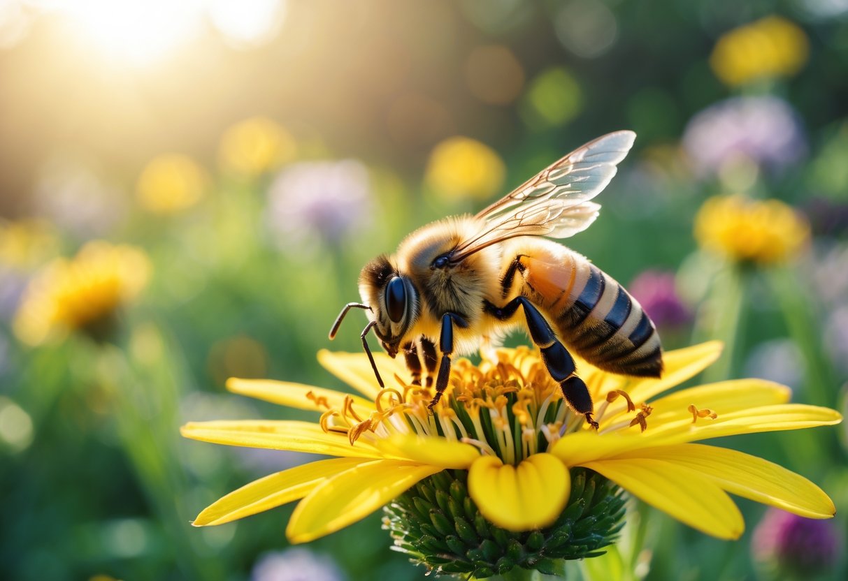 A honeybee collecting pollen from a yellow flower in a garden.