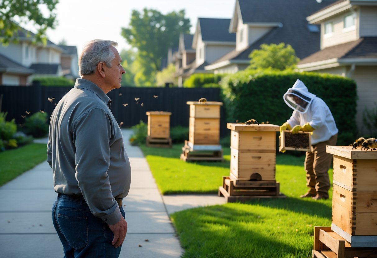A person standing outside their home looking at a neighbor tending beehives in a backyard.