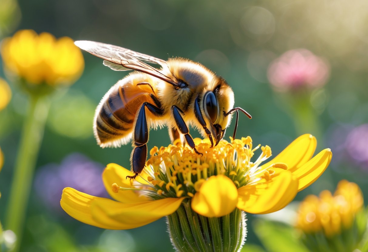 A honey bee collecting nectar from a yellow flower in a garden.