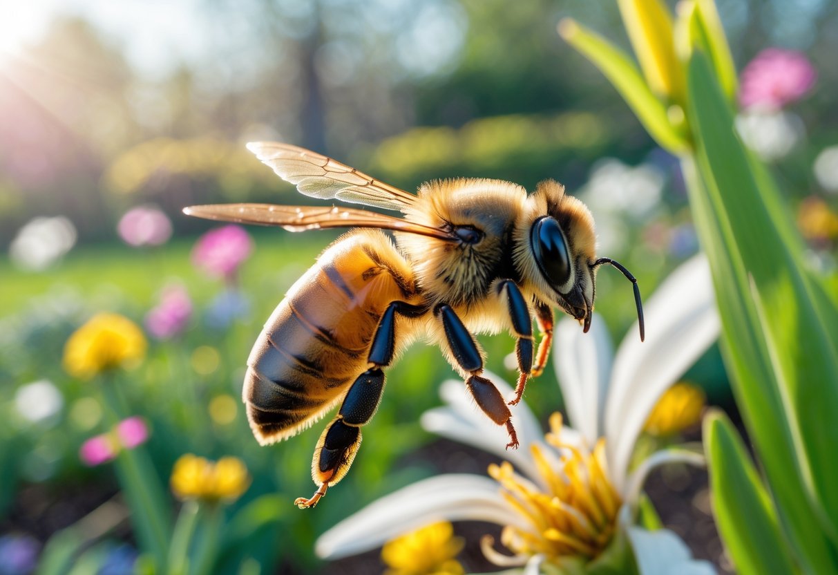 A honey bee flying near a blooming flower in a garden during spring.