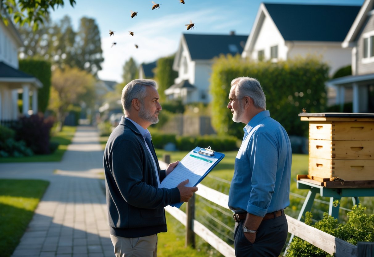 Two neighbors talking near a fence with a beehive in the garden behind them on a sunny day.