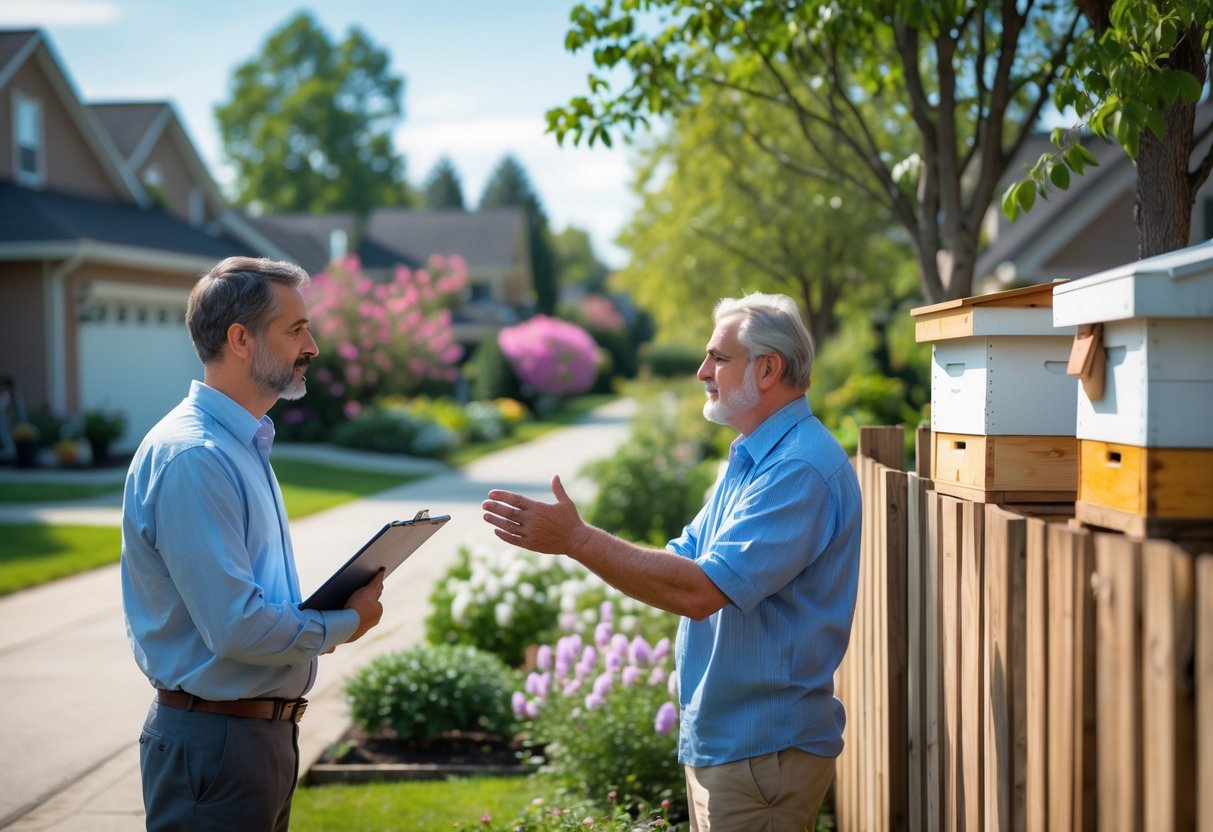 Two neighbors talking calmly by a fence near a backyard with beehives.