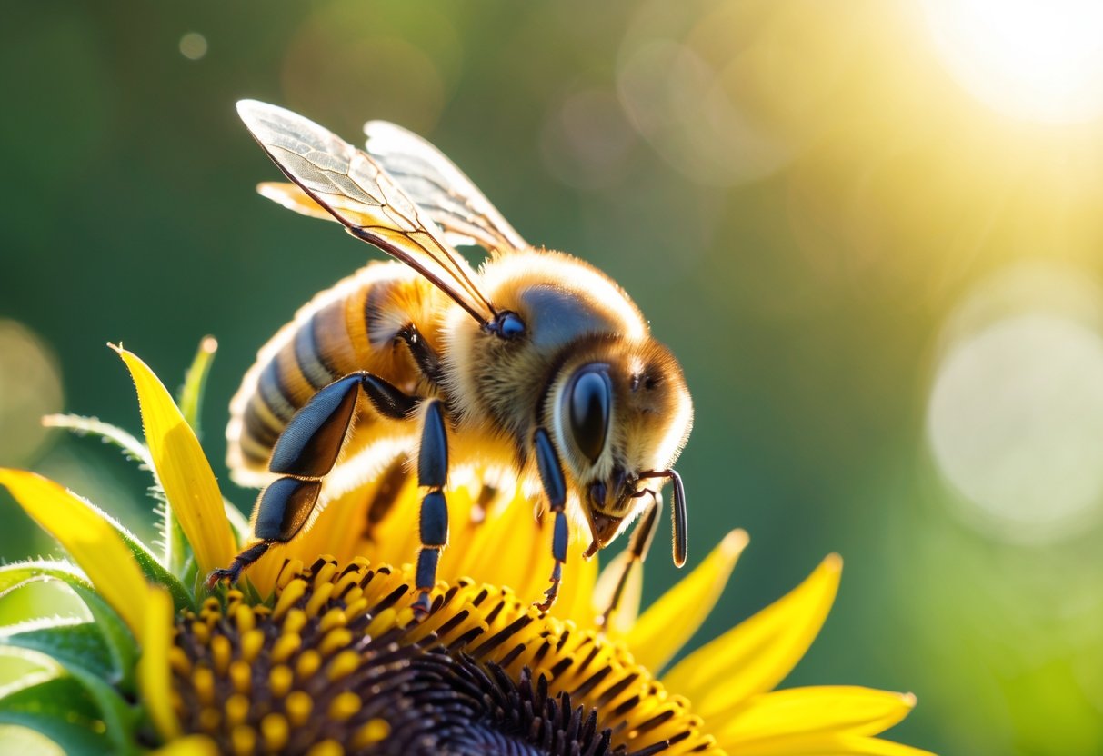 A close-up of a honeybee on a sunflower with detailed facial features and wings visible.