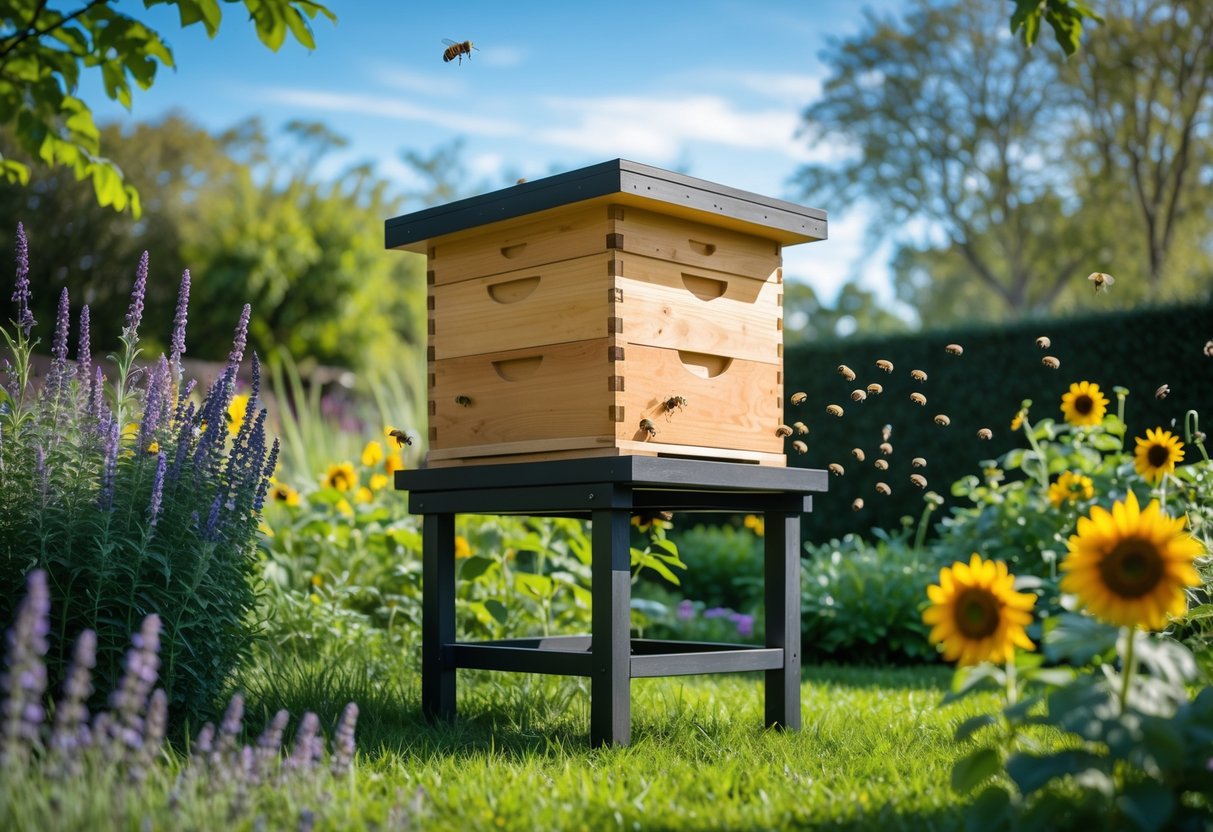 A wooden bee hive in a garden surrounded by flowering plants and bees flying nearby under a sunny sky.