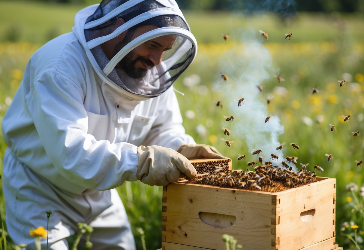 A beekeeper in protective gear gently calming bees around a wooden beehive using a smoker in a green meadow.