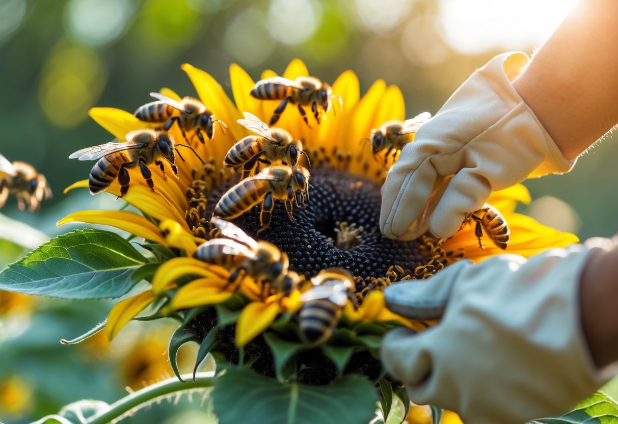 Close-up of honey bees on a sunflower reacting aggressively as a gloved hand approaches the hive.