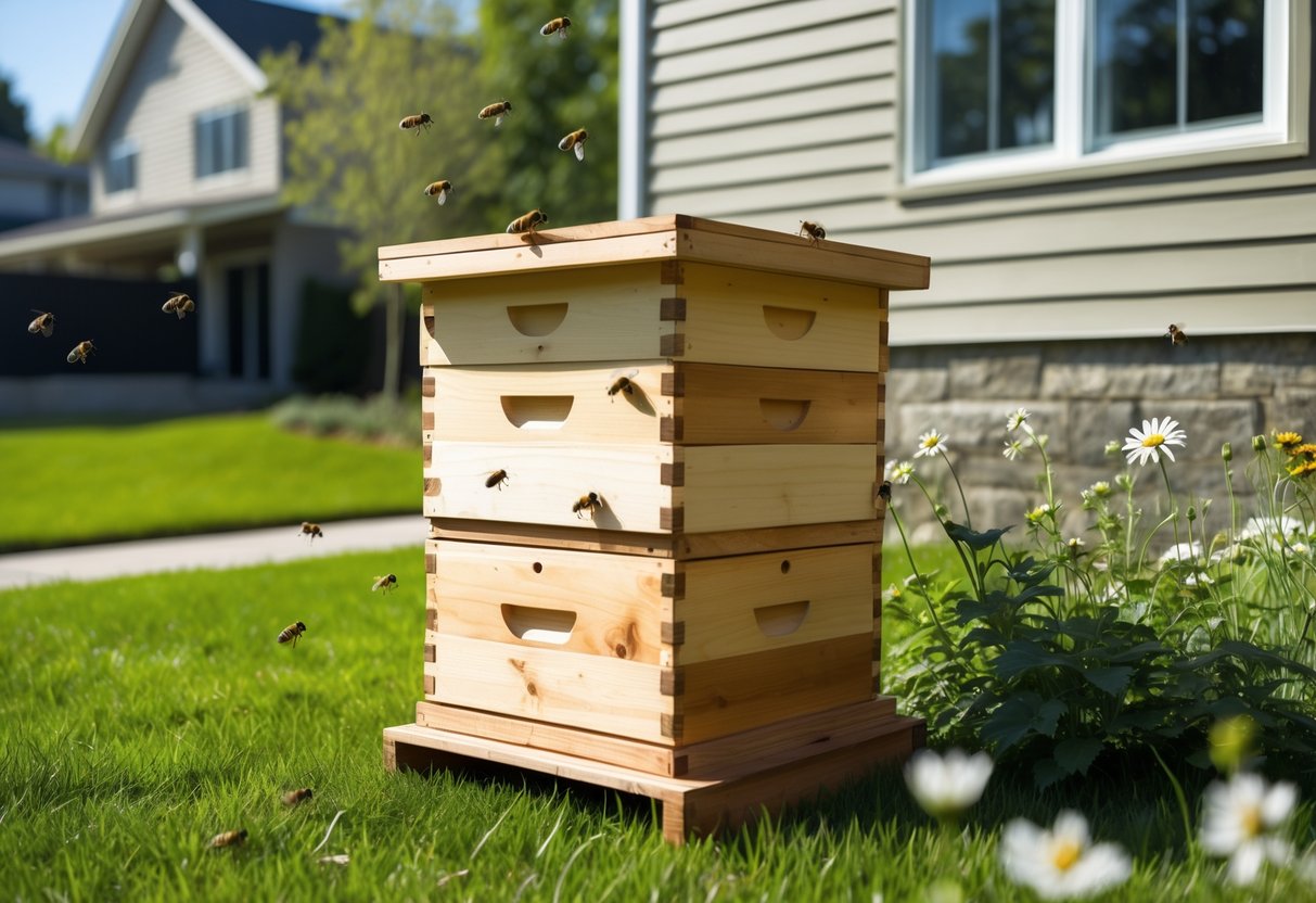 A backyard with a wooden bee hive placed near a modern house, surrounded by grass and flowers with bees flying around.
