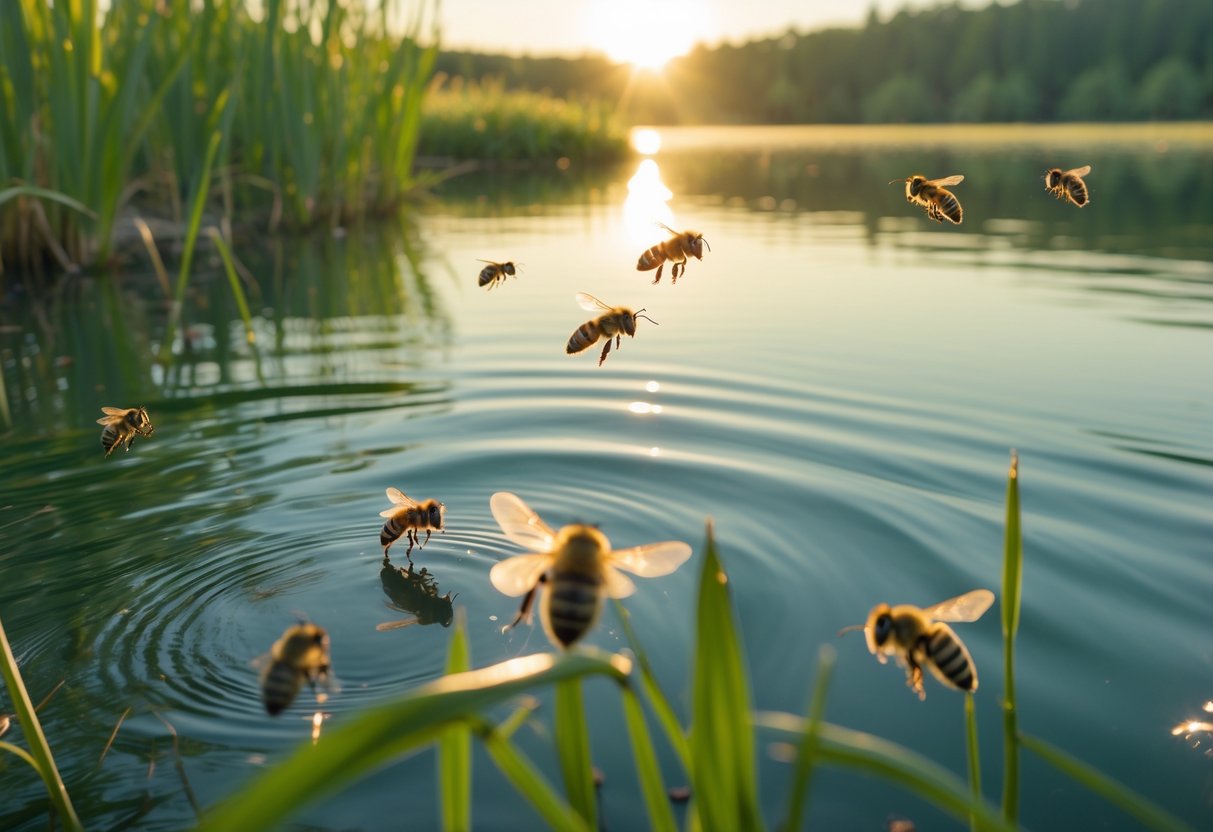Bees hovering just above the surface of a calm lake surrounded by green plants at sunrise.