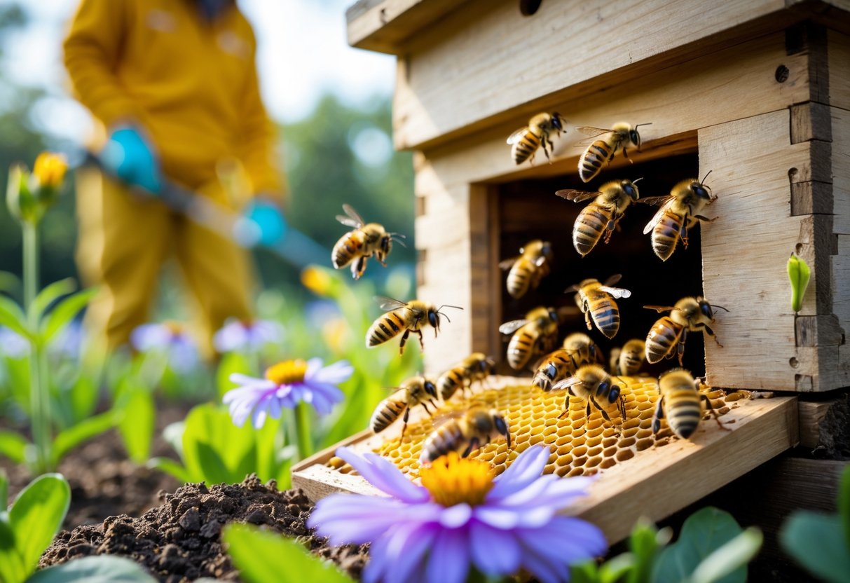 Close-up of honey bees near a hive on blooming flowers with a person nearby and visible environmental factors around.