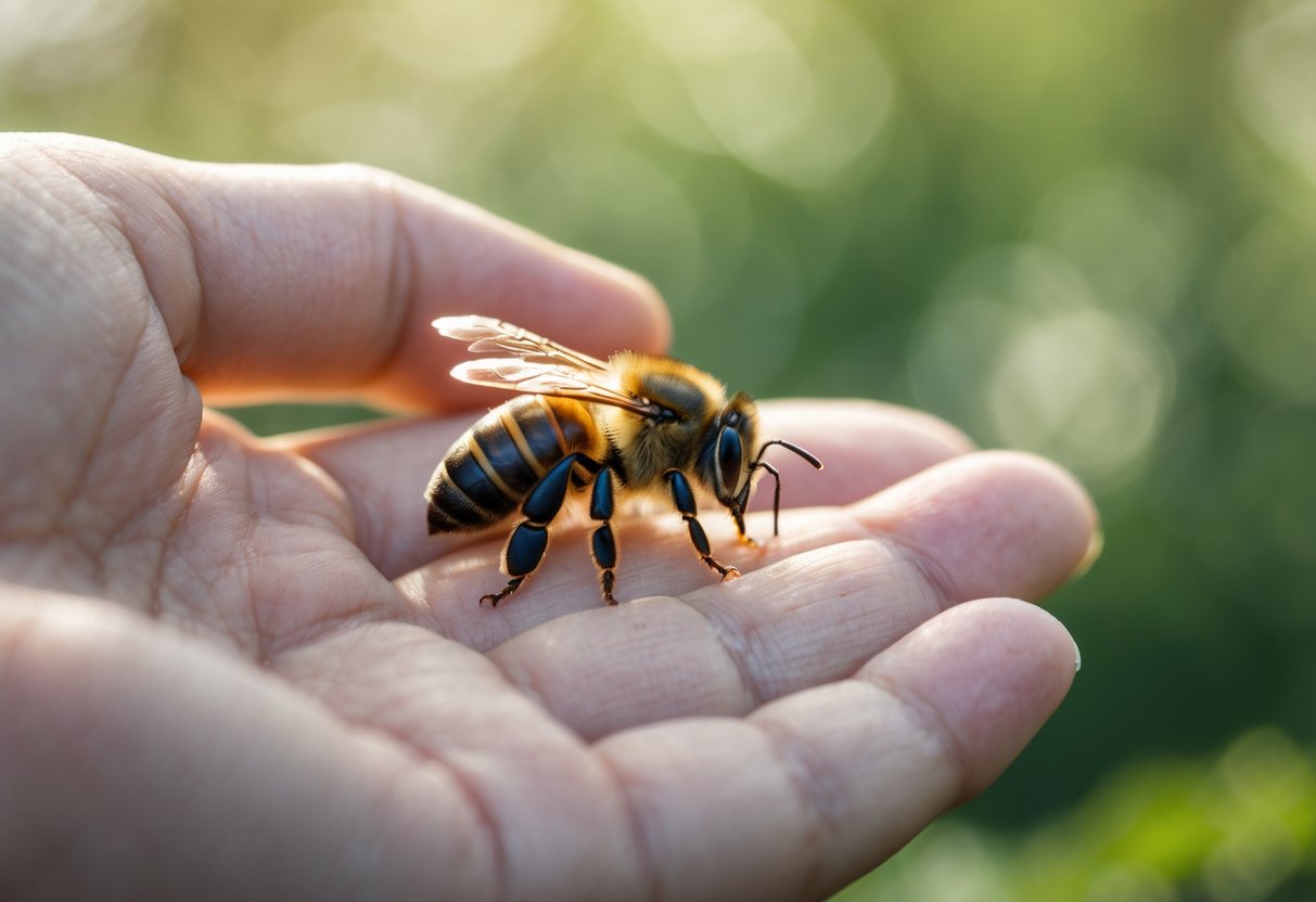 A person gently holding a honeybee on their fingertip outdoors with a blurred green background.