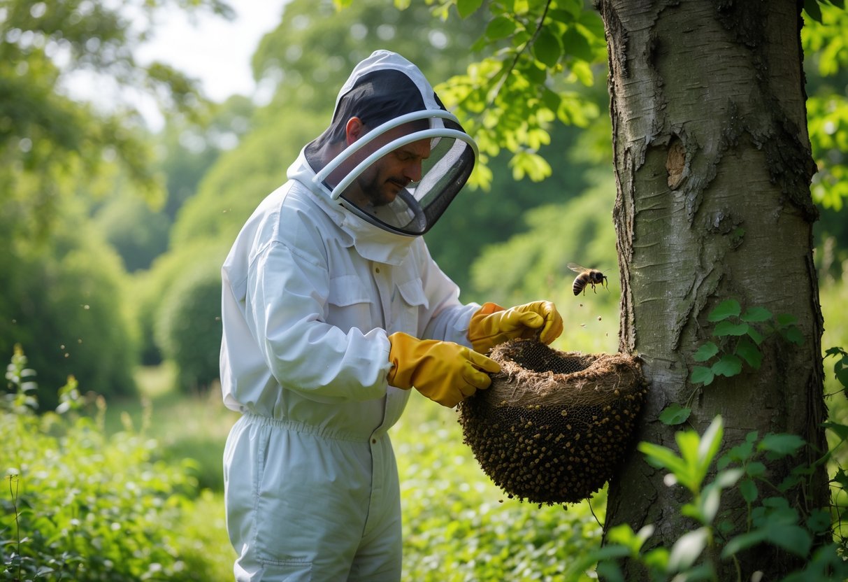 A beekeeper in protective clothing inspecting a large bees' nest on a tree in a green forest.