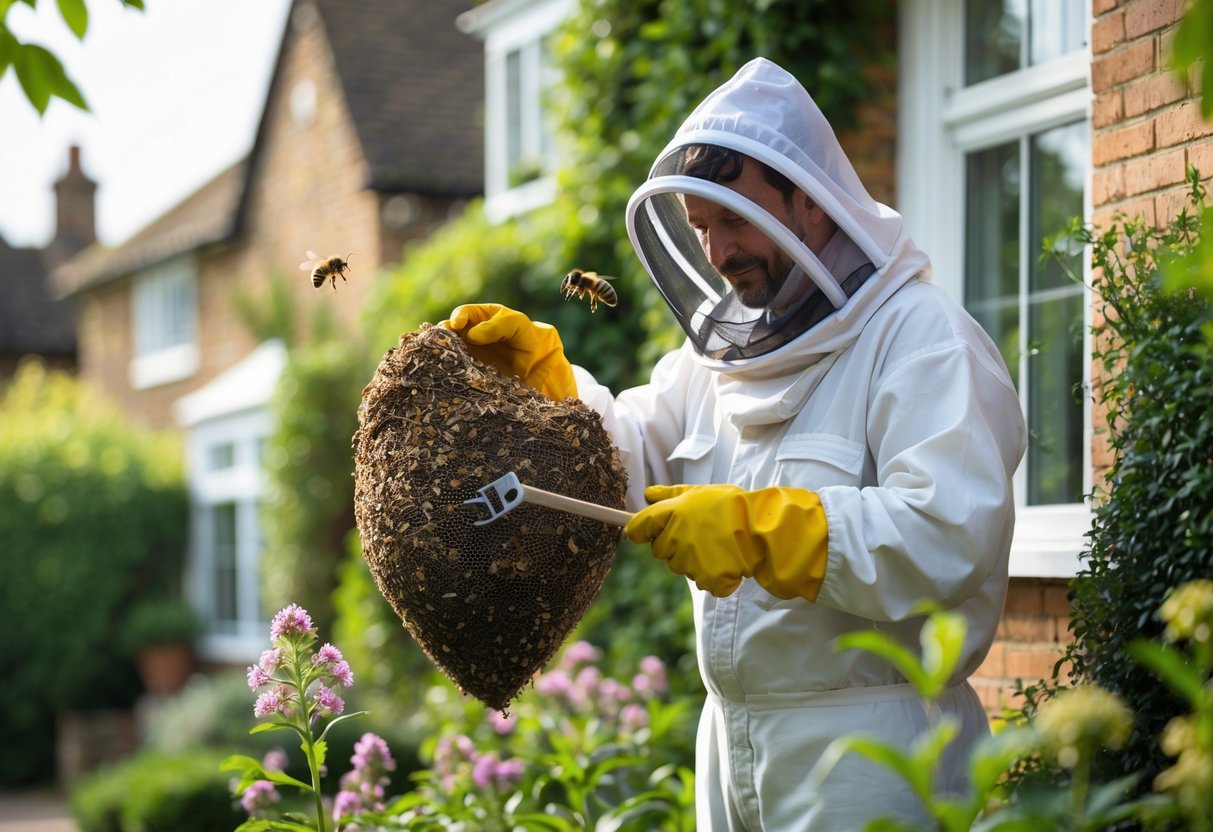 A beekeeper in protective gear removing a bees nest from the wall of a British home surrounded by garden plants.