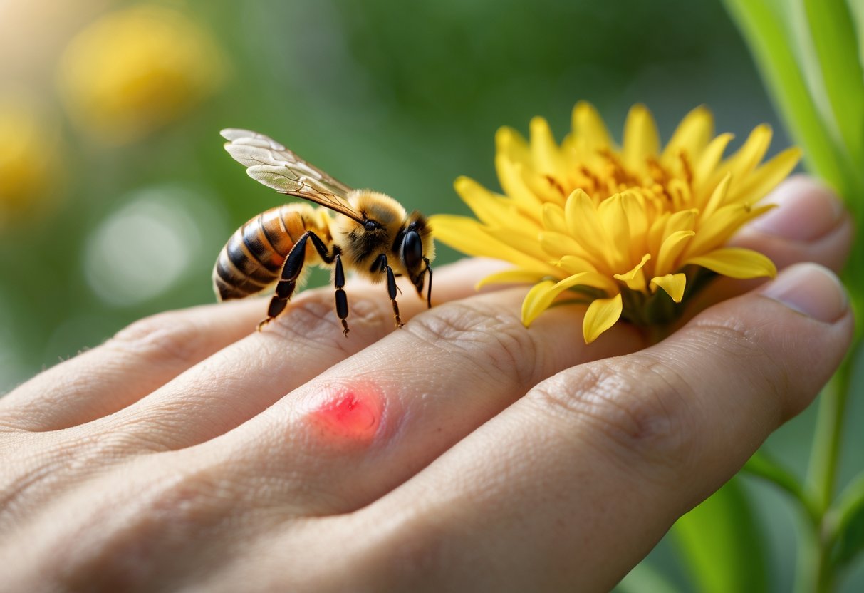 Close-up of a hand with a red swollen bump next to a bee on a yellow flower.
