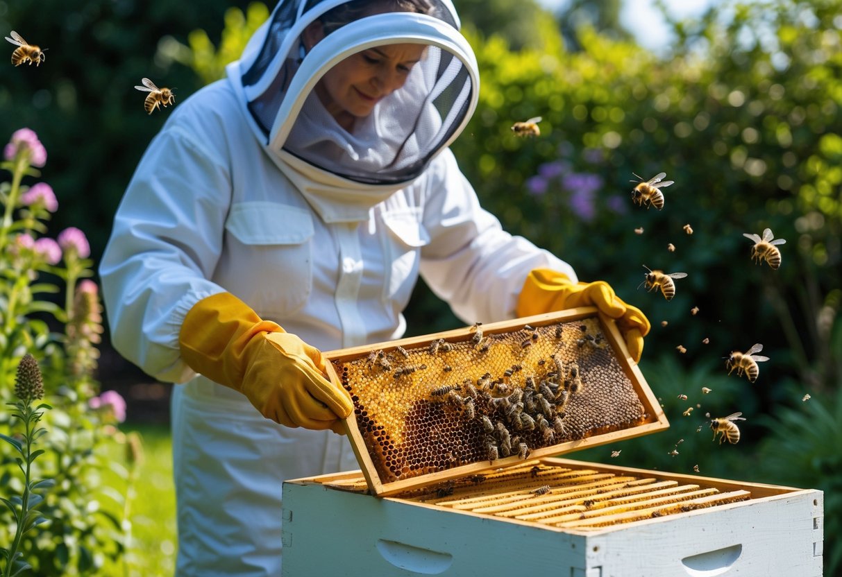 A person in protective beekeeping gear carefully removing a honeycomb frame from a beehive outdoors with bees flying nearby.