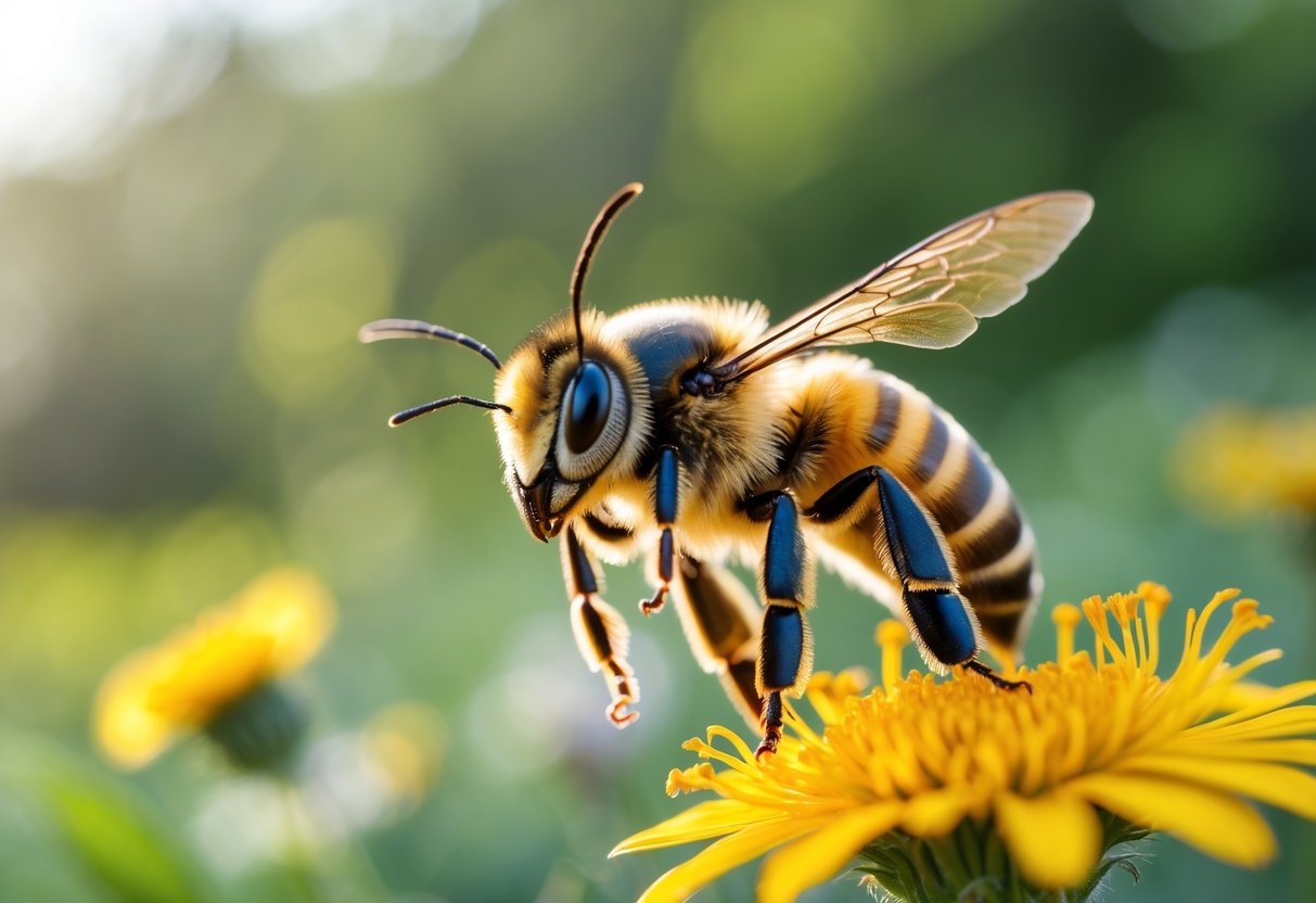 A close-up of a bee on a yellow flower with raised antennae, appearing alert in a natural outdoor setting.