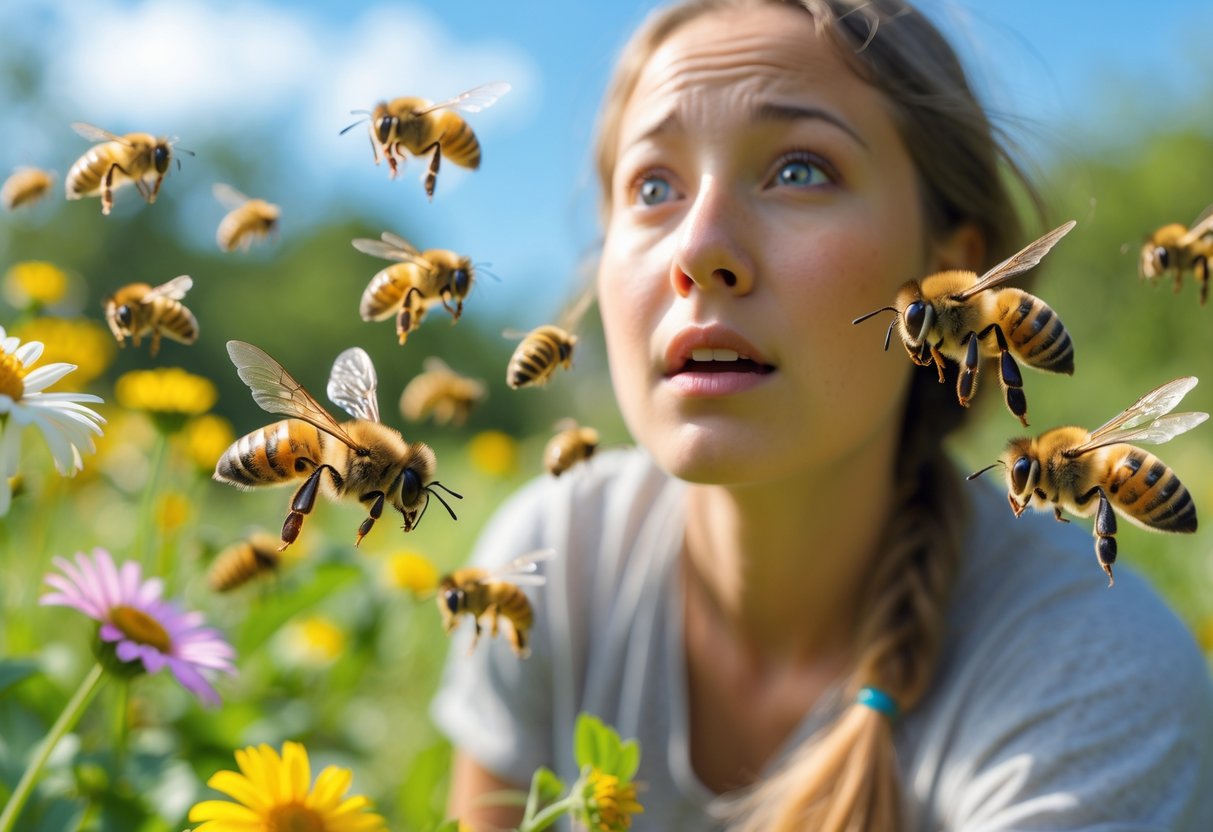 A person outdoors in a garden with several bees flying nearby around flowers.