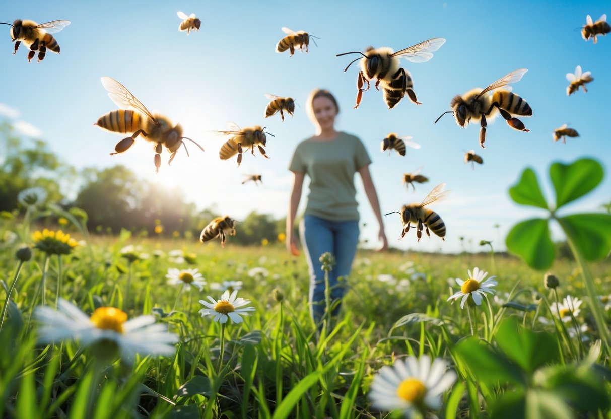 A person walking cautiously through a sunny meadow with several bees flying around them near wildflowers.