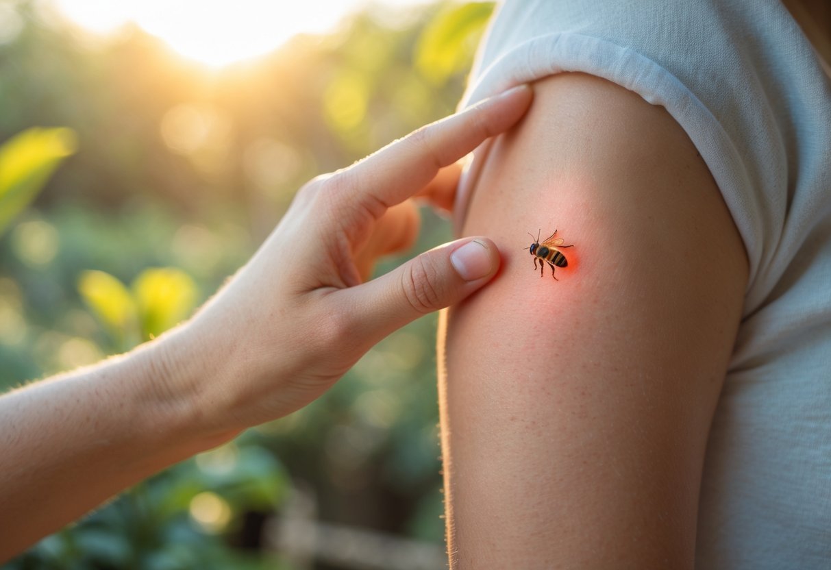 Close-up of a person's arm with a small red bee sting mark and no stinger visible, outdoors with green blurred background.