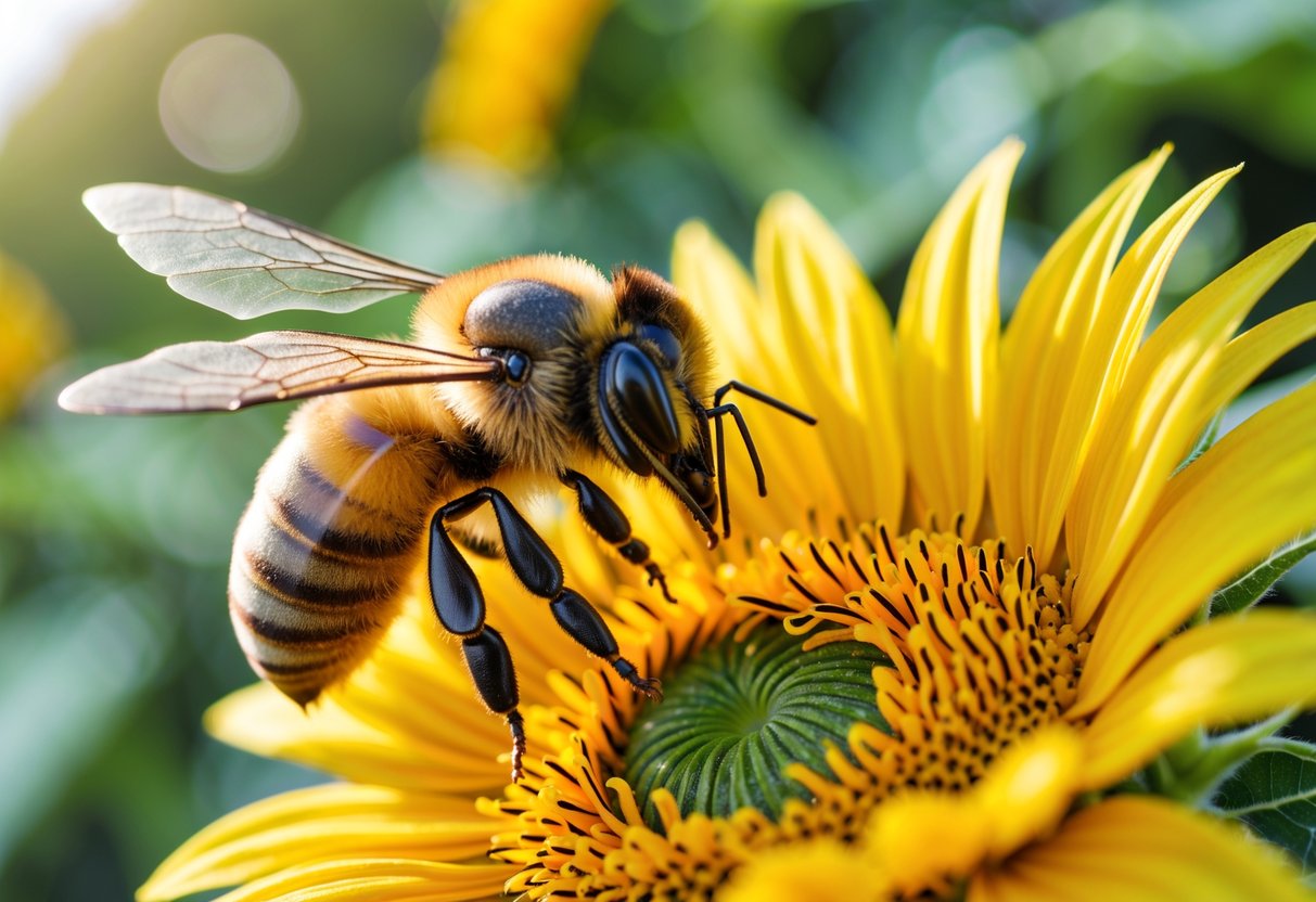 A honey bee collecting nectar on a yellow sunflower with green foliage in the background.