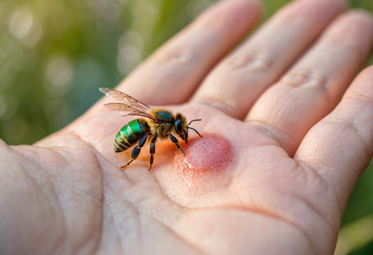 Close-up of a human hand with a small red spot where a sweat bee is resting on the skin.