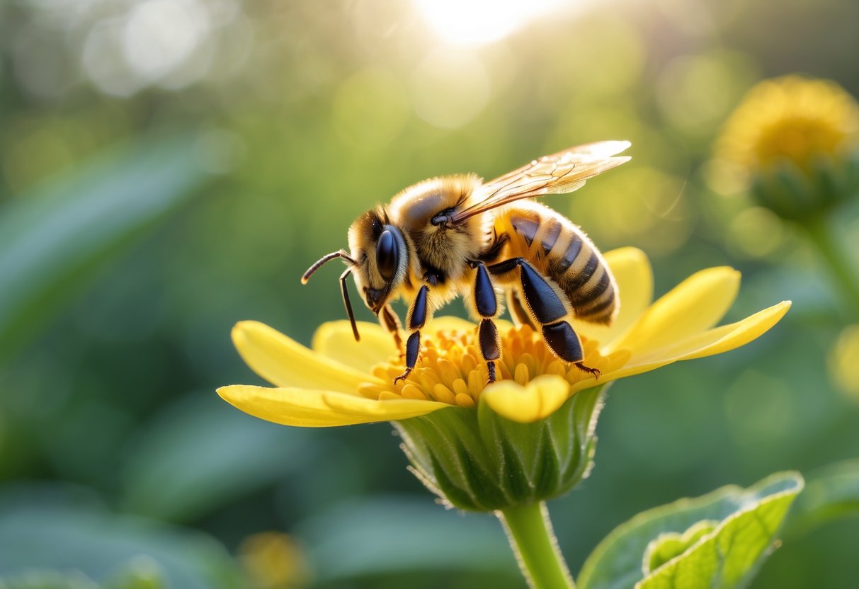 A honeybee sitting on a yellow flower petal in a natural outdoor setting.