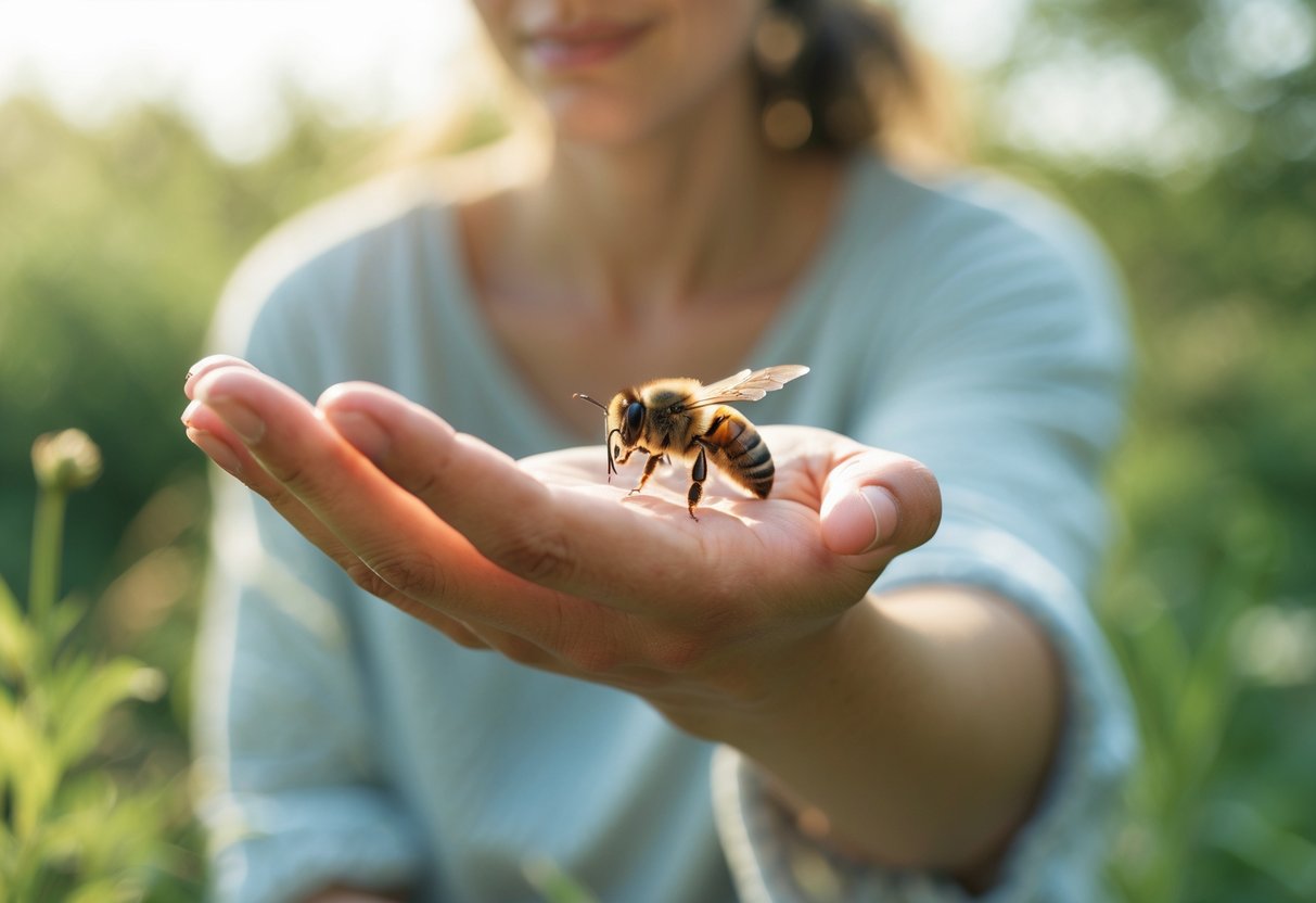 A person calmly letting a bee land on their hand outdoors surrounded by green plants.