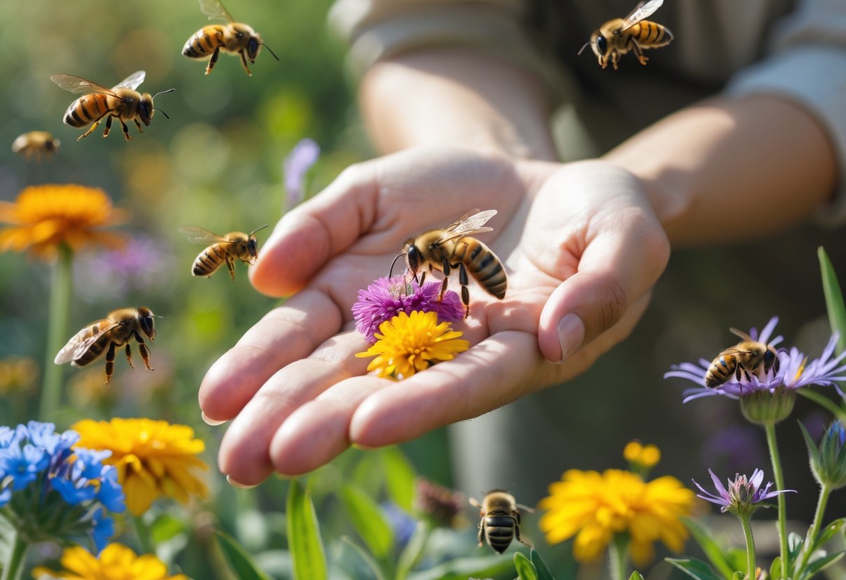 A person outdoors with a bee resting on their hand surrounded by various bees on colorful flowers in a garden.