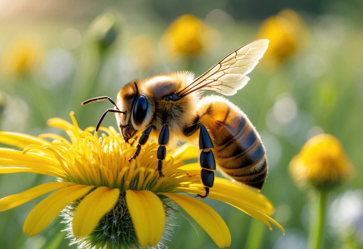 A honeybee resting on a yellow flower in a sunlit meadow with blurred wildflowers in the background.