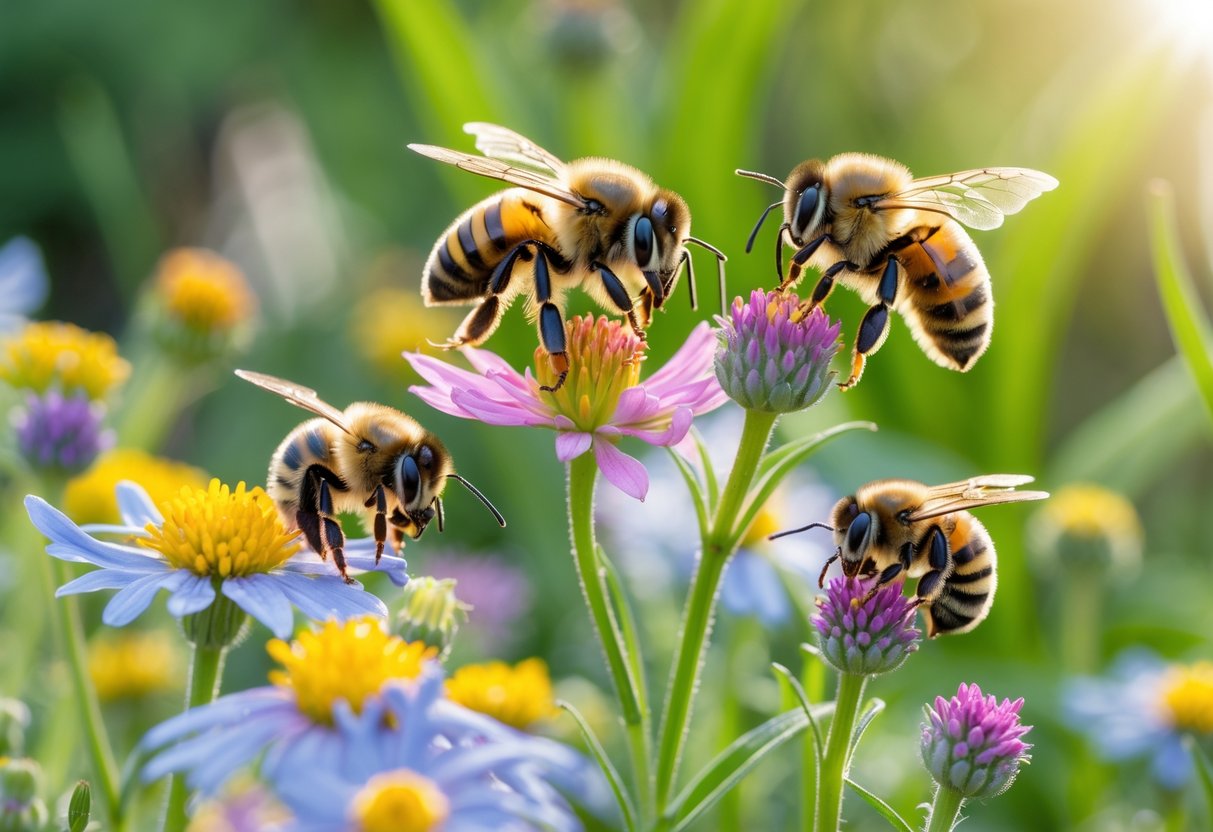 Close-up of different types of bees on colorful wildflowers in a garden.