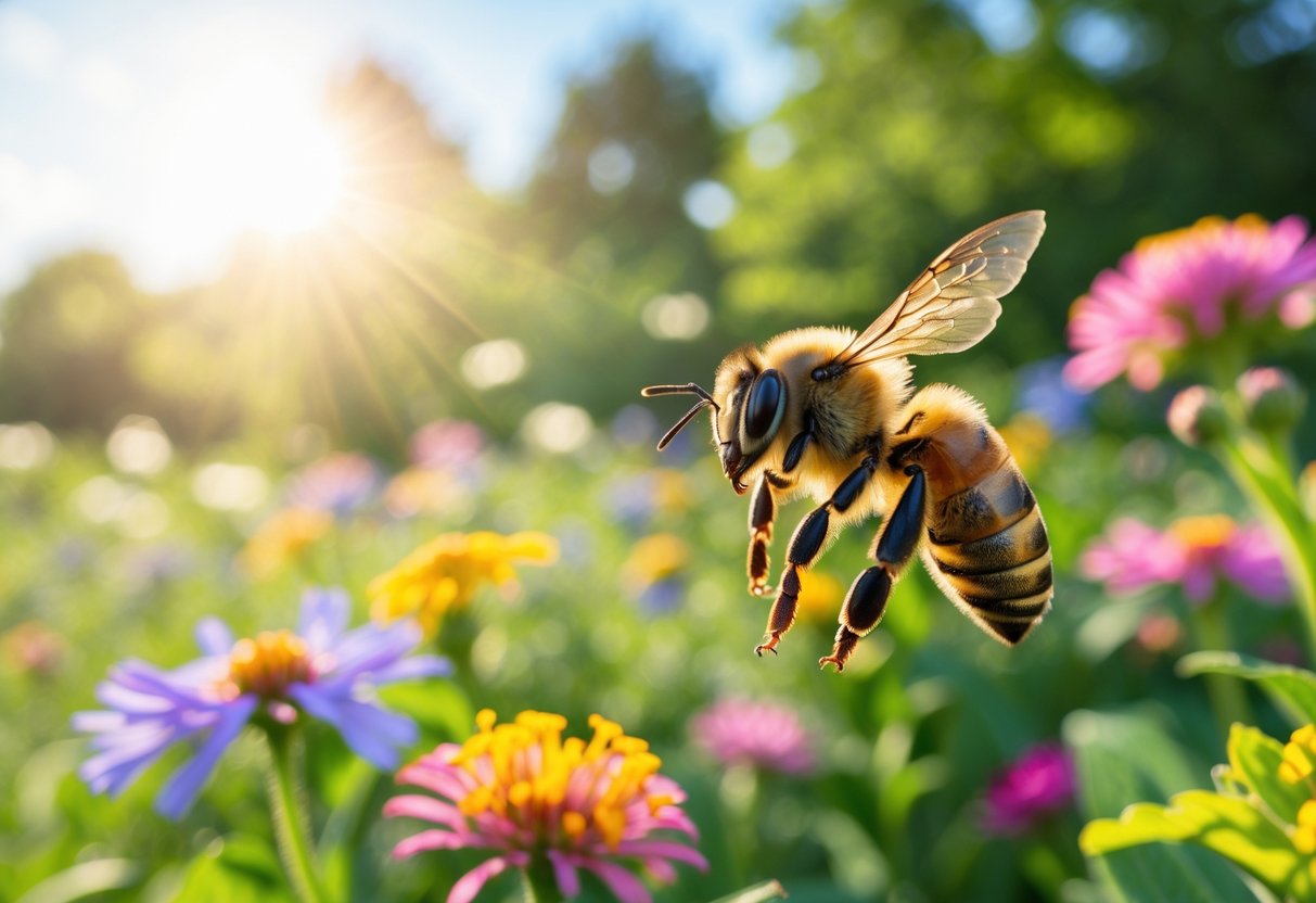 A honeybee flying near colorful flowers in a garden with green foliage in the background.