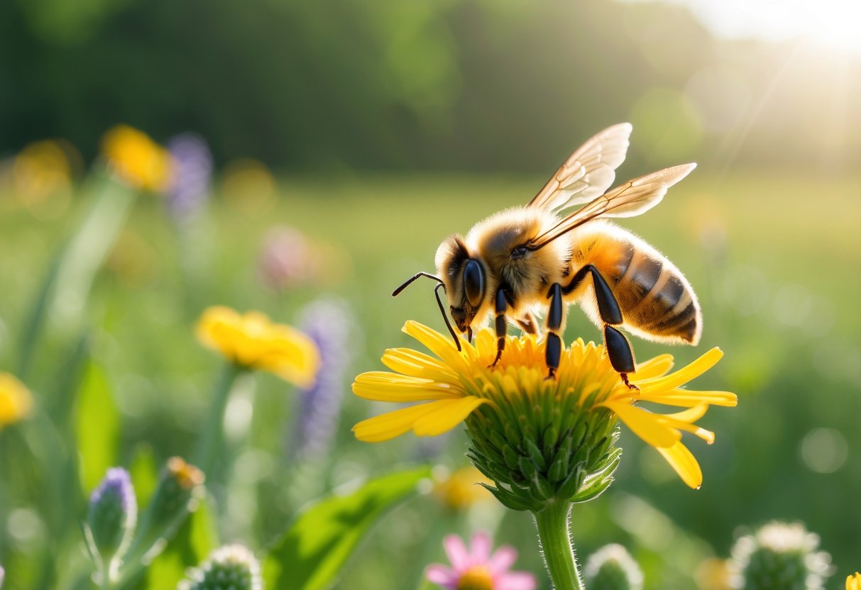 A close-up of a honeybee sitting on a yellow flower in a meadow.