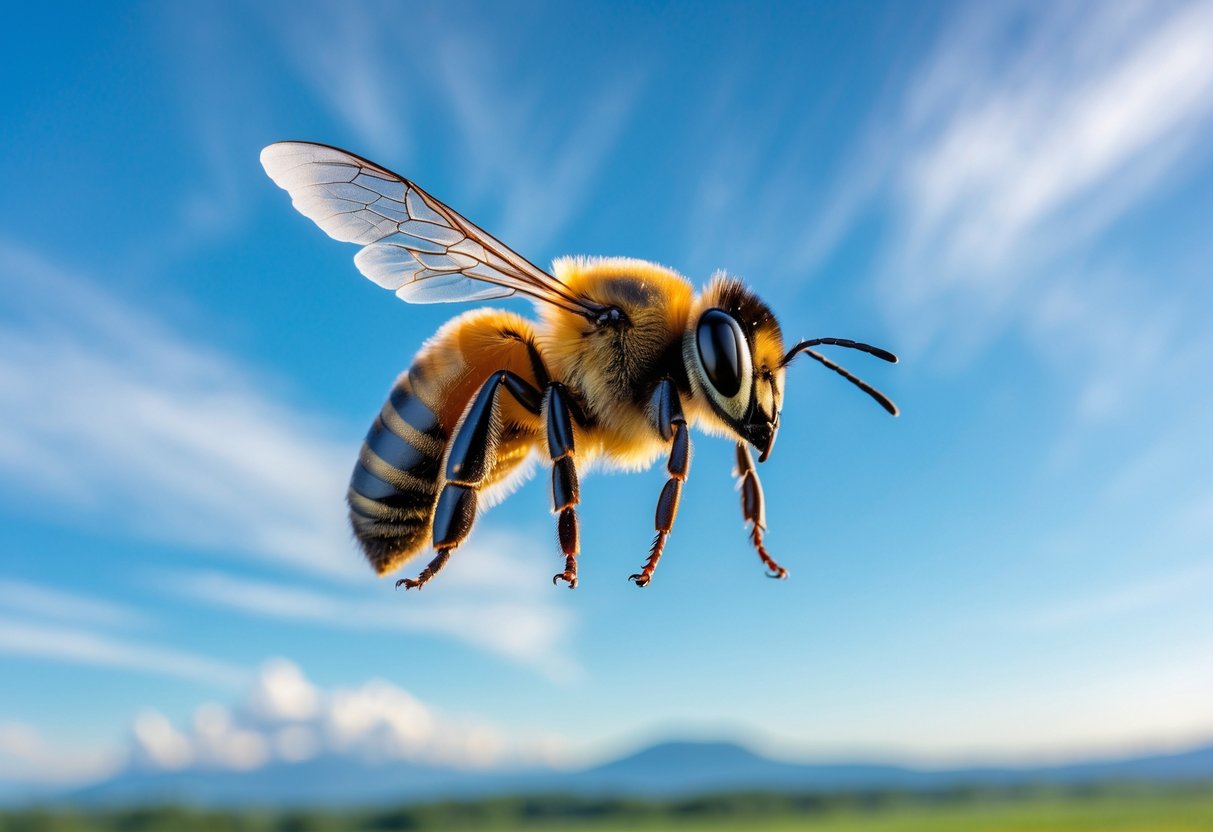 A bee flying high in the sky above green fields and distant mountains.